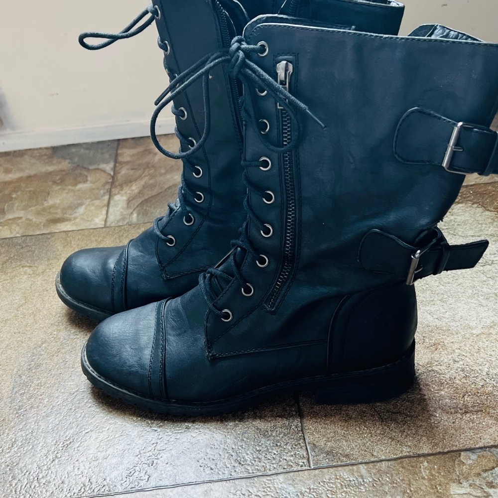 Nature Breeze Black Moto Boots with Buckle Detail